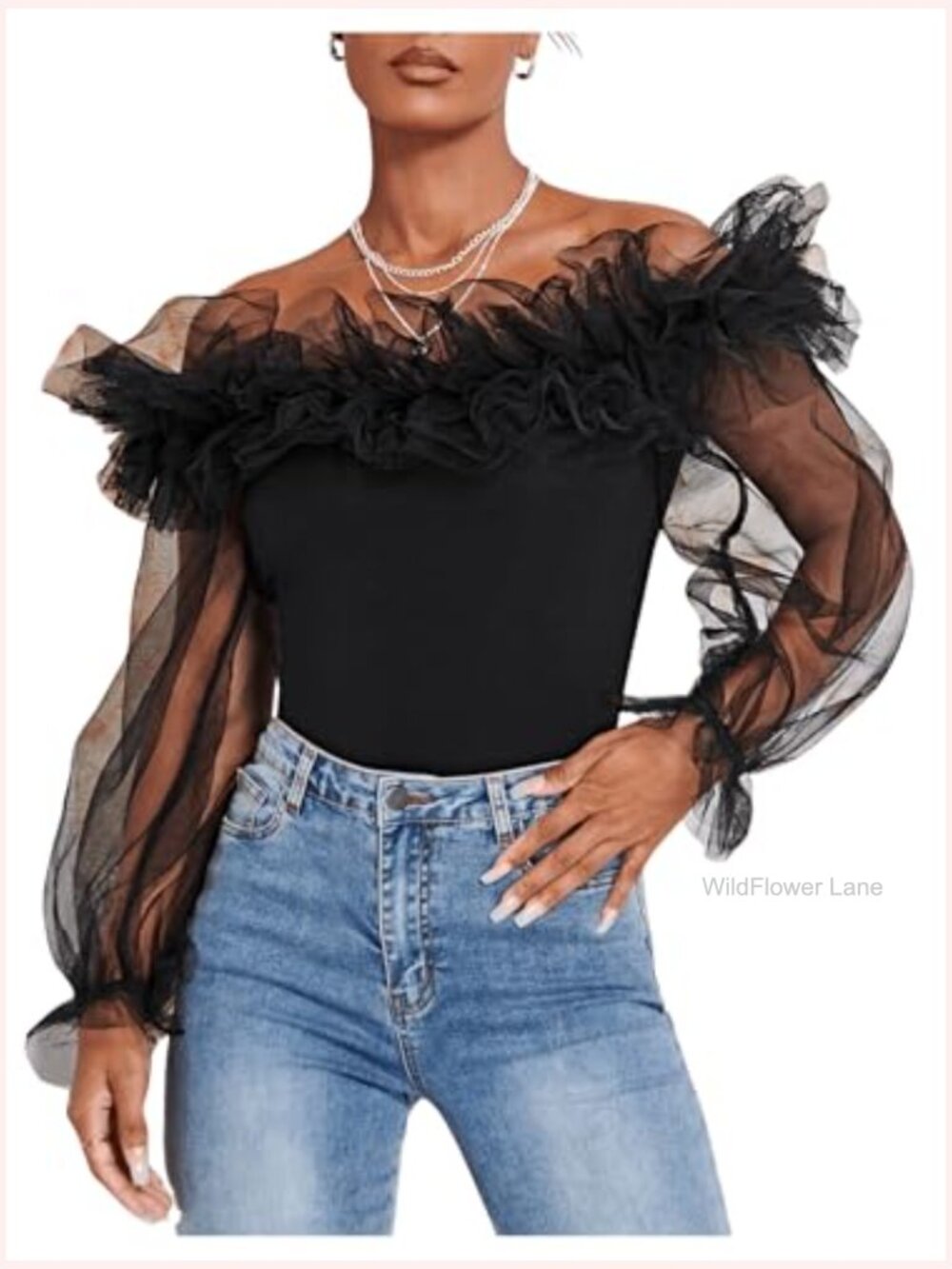 Ruffle Off Shoulder Blouse Mesh Puff Sleeve Party Top Fitted Tee - Picture 4 of 7